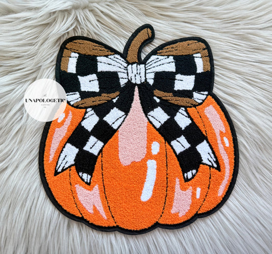 Pumpkin With Checkered Bow Chenille Patch PRE-ORDER- WS